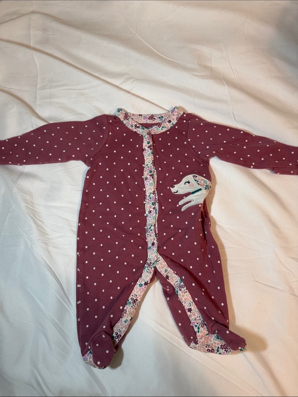Carters Girls' Plum Polka-Dot One-Piece Footed Pajamas with Floral Trim